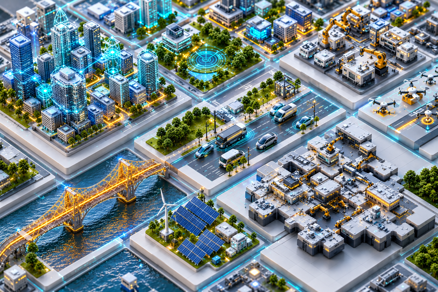 Smart city skyline representing DEKA's IoT and industry ecosystem